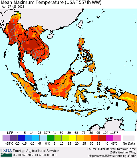 South East Asia Mean Maximum Temperature (USAF 557th WW) Thematic Map For 4/17/2023 - 4/23/2023
