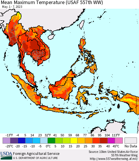 South East Asia Mean Maximum Temperature (USAF 557th WW) Thematic Map For 5/1/2023 - 5/7/2023