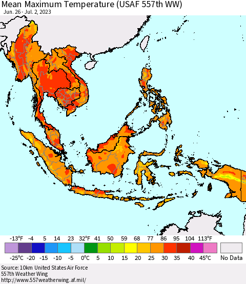 South East Asia Mean Maximum Temperature (USAF 557th WW) Thematic Map For 6/26/2023 - 7/2/2023