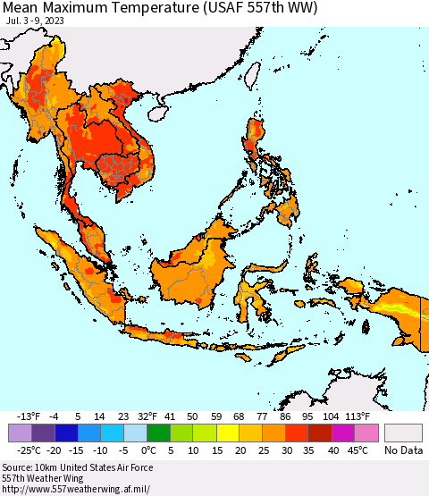 South East Asia Mean Maximum Temperature (USAF 557th WW) Thematic Map For 7/3/2023 - 7/9/2023
