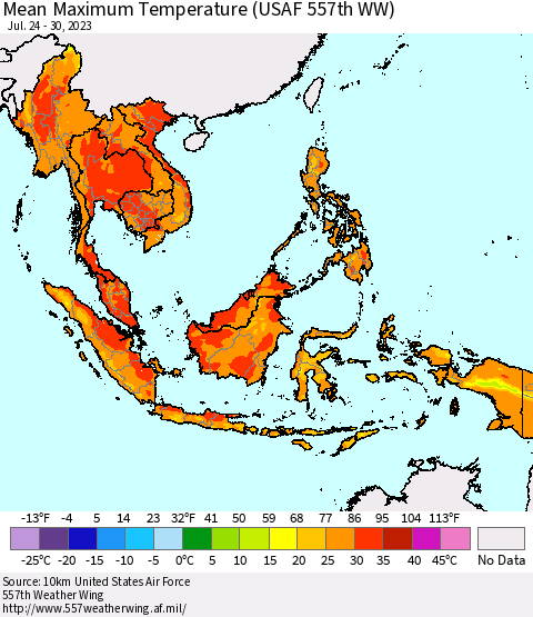 South East Asia Mean Maximum Temperature (USAF 557th WW) Thematic Map For 7/24/2023 - 7/30/2023
