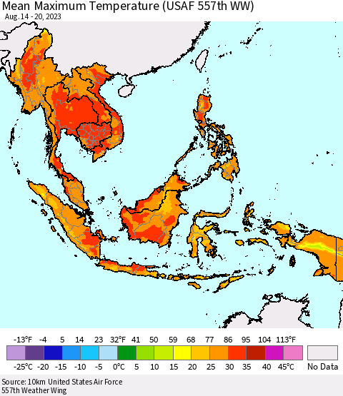 South East Asia Mean Maximum Temperature (USAF 557th WW) Thematic Map For 8/14/2023 - 8/20/2023