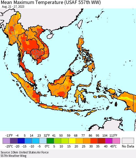 South East Asia Mean Maximum Temperature (USAF 557th WW) Thematic Map For 8/21/2023 - 8/27/2023