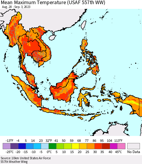 South East Asia Mean Maximum Temperature (USAF 557th WW) Thematic Map For 8/28/2023 - 9/3/2023