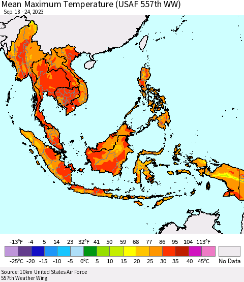 South East Asia Mean Maximum Temperature (USAF 557th WW) Thematic Map For 9/18/2023 - 9/24/2023