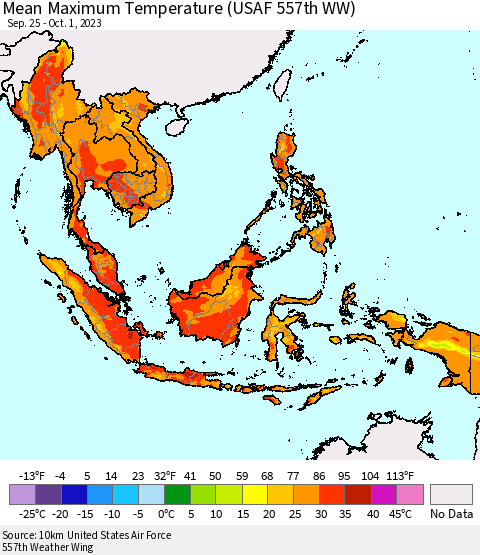 South East Asia Mean Maximum Temperature (USAF 557th WW) Thematic Map For 9/25/2023 - 10/1/2023