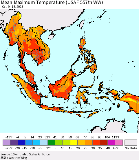 South East Asia Mean Maximum Temperature (USAF 557th WW) Thematic Map For 10/9/2023 - 10/15/2023