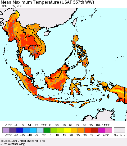 South East Asia Mean Maximum Temperature (USAF 557th WW) Thematic Map For 10/16/2023 - 10/22/2023