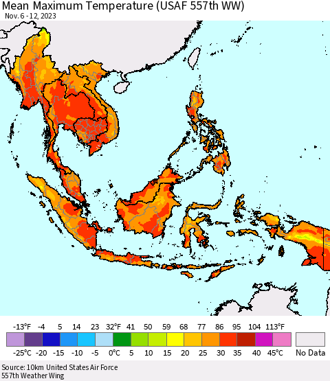 South East Asia Mean Maximum Temperature (USAF 557th WW) Thematic Map For 11/6/2023 - 11/12/2023