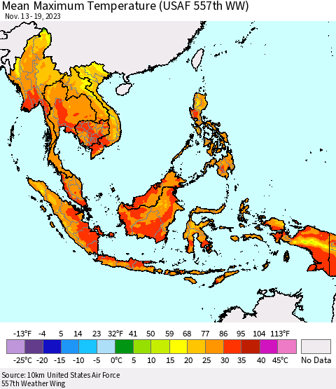 South East Asia Mean Maximum Temperature (USAF 557th WW) Thematic Map For 11/13/2023 - 11/19/2023