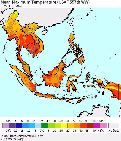 South East Asia Mean Maximum Temperature (USAF 557th WW) Thematic Map For 12/11/2023 - 12/17/2023