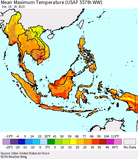 South East Asia Mean Maximum Temperature (USAF 557th WW) Thematic Map For 12/18/2023 - 12/24/2023