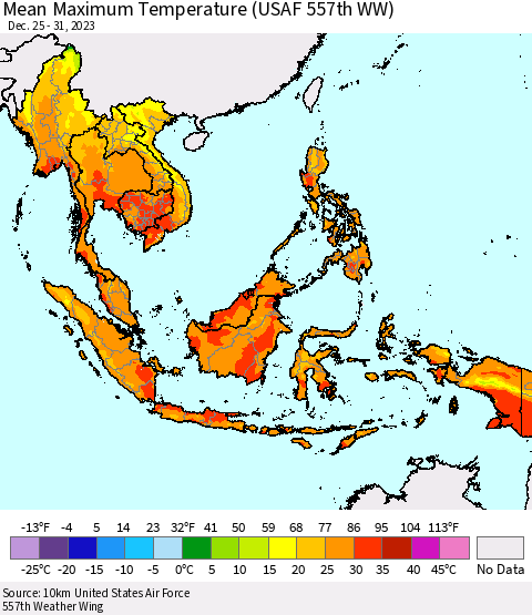 South East Asia Mean Maximum Temperature (USAF 557th WW) Thematic Map For 12/25/2023 - 12/31/2023