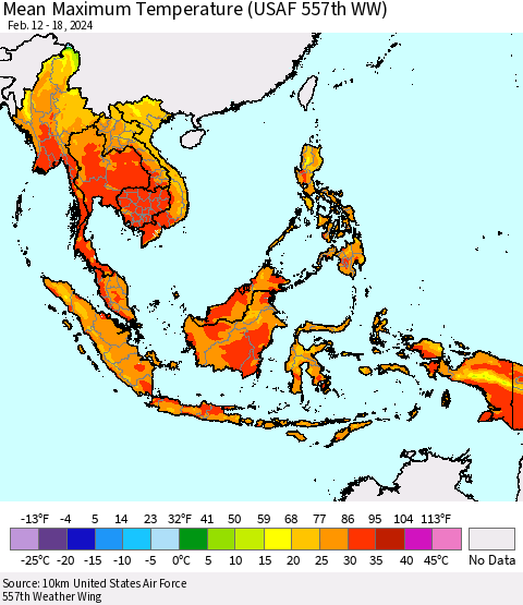 South East Asia Mean Maximum Temperature (USAF 557th WW) Thematic Map For 2/12/2024 - 2/18/2024