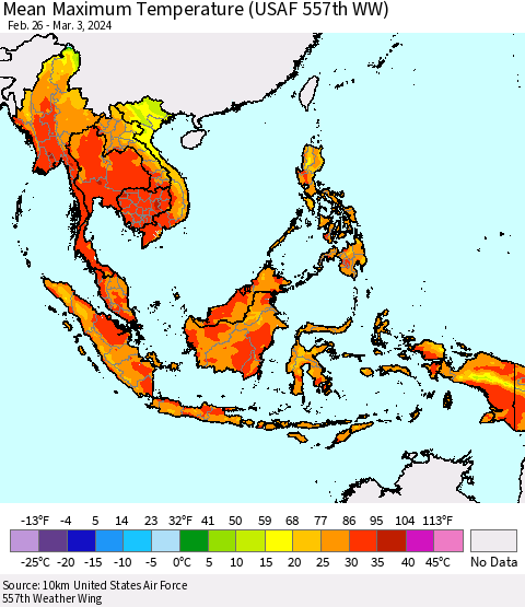 South East Asia Mean Maximum Temperature (USAF 557th WW) Thematic Map For 2/26/2024 - 3/3/2024