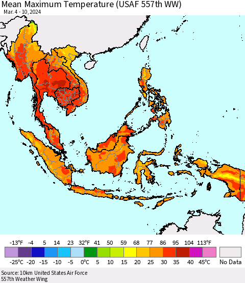 South East Asia Mean Maximum Temperature (USAF 557th WW) Thematic Map For 3/4/2024 - 3/10/2024
