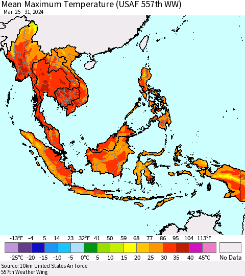 South East Asia Mean Maximum Temperature (USAF 557th WW) Thematic Map For 3/25/2024 - 3/31/2024