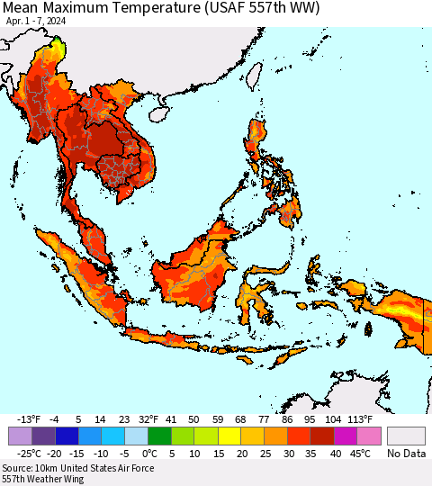 South East Asia Mean Maximum Temperature (USAF 557th WW) Thematic Map For 4/1/2024 - 4/7/2024