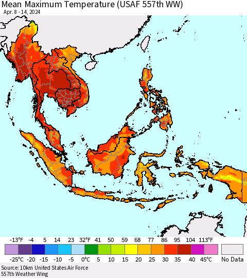South East Asia Mean Maximum Temperature (USAF 557th WW) Thematic Map For 4/8/2024 - 4/14/2024