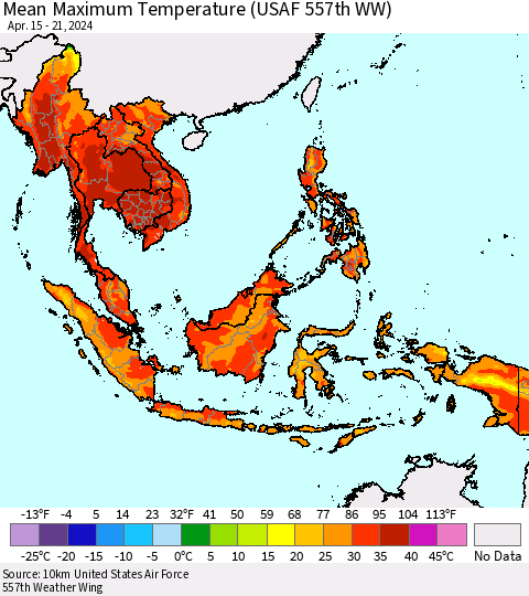 South East Asia Mean Maximum Temperature (USAF 557th WW) Thematic Map For 4/15/2024 - 4/21/2024