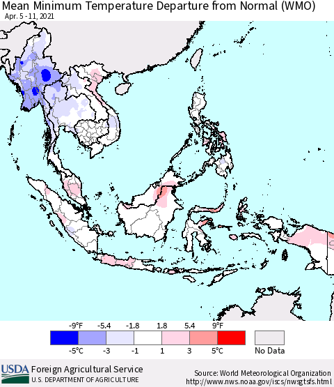 South East Asia Mean Minimum Temperature Departure from Normal (WMO) Thematic Map For 4/5/2021 - 4/11/2021