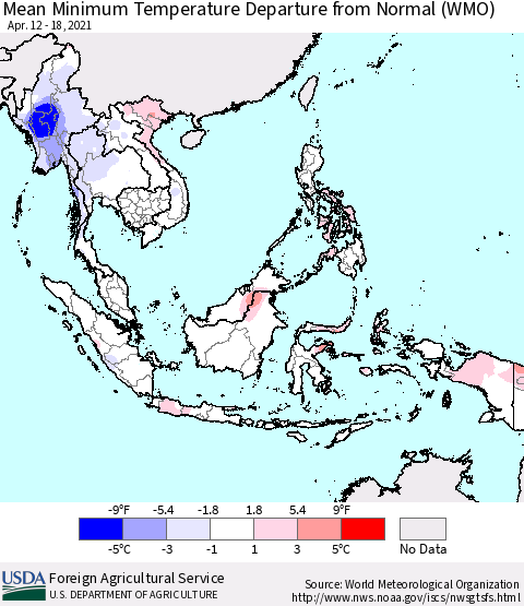 South East Asia Mean Minimum Temperature Departure from Normal (WMO) Thematic Map For 4/12/2021 - 4/18/2021