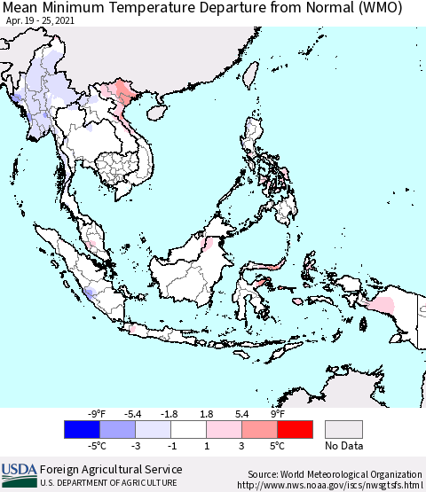 South East Asia Mean Minimum Temperature Departure from Normal (WMO) Thematic Map For 4/19/2021 - 4/25/2021