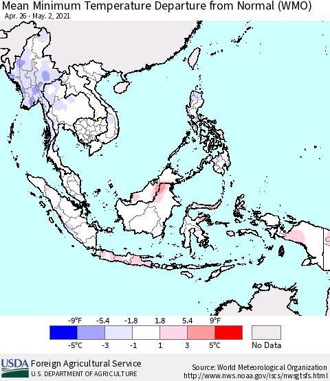 South East Asia Mean Minimum Temperature Departure from Normal (WMO) Thematic Map For 4/26/2021 - 5/2/2021