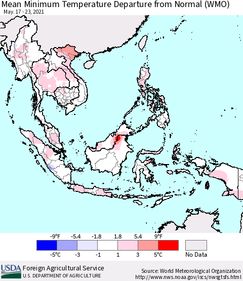 South East Asia Mean Minimum Temperature Departure from Normal (WMO) Thematic Map For 5/17/2021 - 5/23/2021