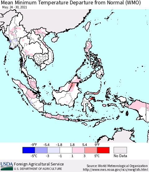 South East Asia Mean Minimum Temperature Departure from Normal (WMO) Thematic Map For 5/24/2021 - 5/30/2021