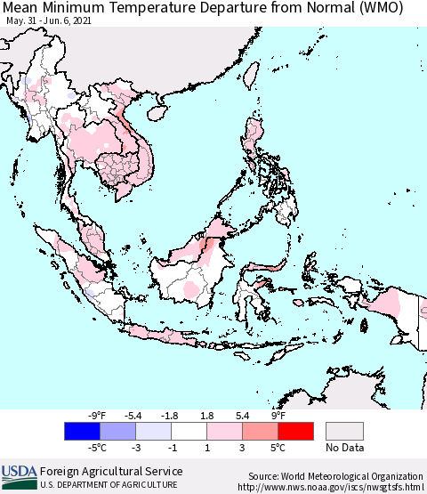 South East Asia Mean Minimum Temperature Departure from Normal (WMO) Thematic Map For 5/31/2021 - 6/6/2021