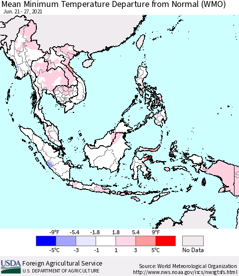South East Asia Mean Minimum Temperature Departure from Normal (WMO) Thematic Map For 6/21/2021 - 6/27/2021