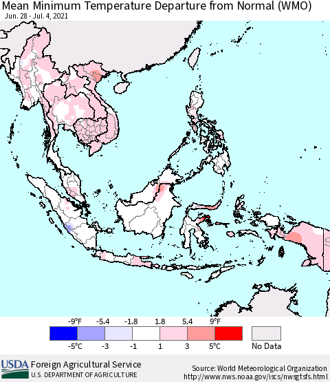 South East Asia Mean Minimum Temperature Departure from Normal (WMO) Thematic Map For 6/28/2021 - 7/4/2021