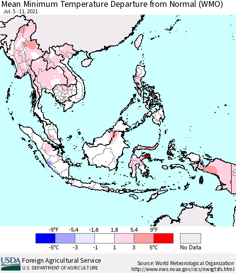 South East Asia Mean Minimum Temperature Departure from Normal (WMO) Thematic Map For 7/5/2021 - 7/11/2021