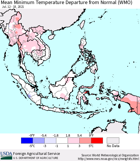 South East Asia Mean Minimum Temperature Departure from Normal (WMO) Thematic Map For 7/12/2021 - 7/18/2021