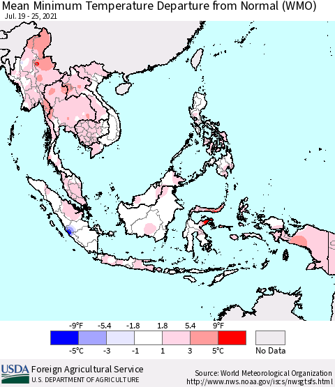South East Asia Mean Minimum Temperature Departure from Normal (WMO) Thematic Map For 7/19/2021 - 7/25/2021