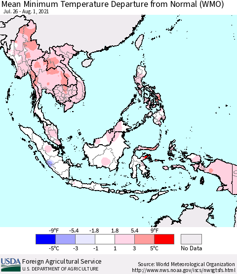 South East Asia Mean Minimum Temperature Departure from Normal (WMO) Thematic Map For 7/26/2021 - 8/1/2021