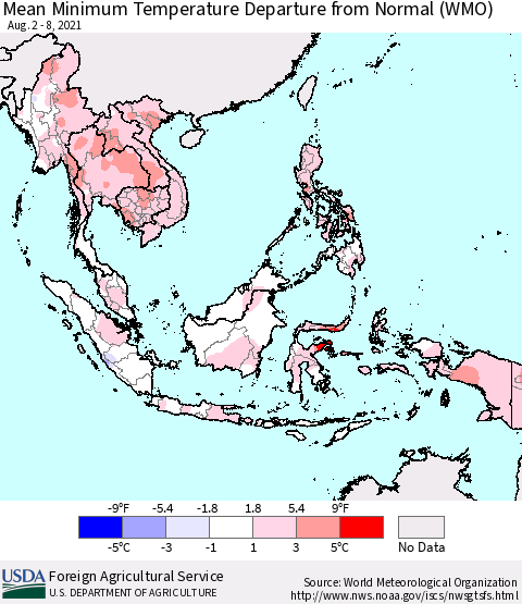 South East Asia Mean Minimum Temperature Departure from Normal (WMO) Thematic Map For 8/2/2021 - 8/8/2021