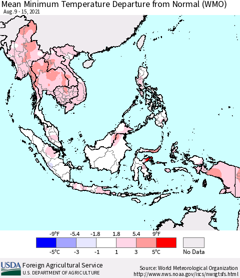 South East Asia Mean Minimum Temperature Departure from Normal (WMO) Thematic Map For 8/9/2021 - 8/15/2021