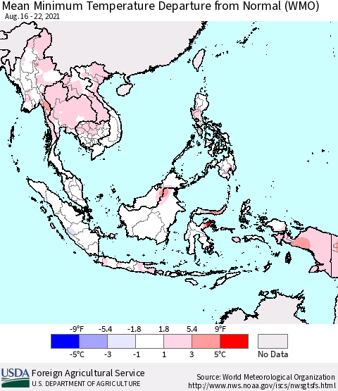 South East Asia Mean Minimum Temperature Departure from Normal (WMO) Thematic Map For 8/16/2021 - 8/22/2021
