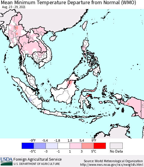 South East Asia Mean Minimum Temperature Departure from Normal (WMO) Thematic Map For 8/23/2021 - 8/29/2021