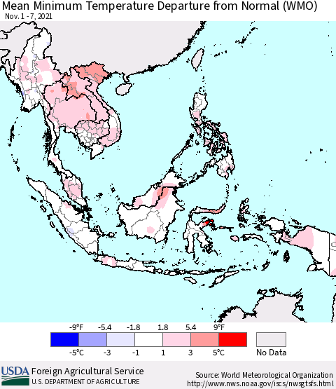 South East Asia Mean Minimum Temperature Departure from Normal (WMO) Thematic Map For 11/1/2021 - 11/7/2021