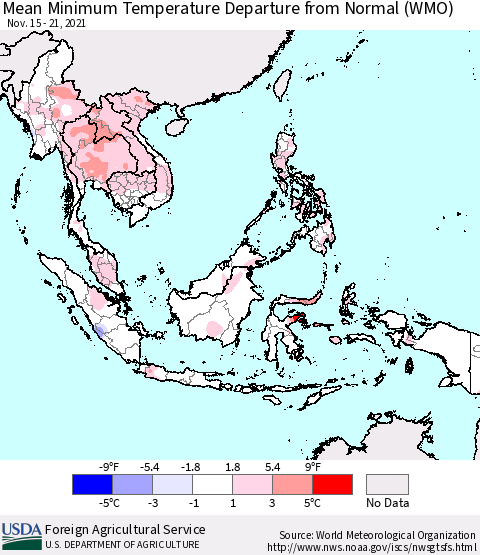 South East Asia Mean Minimum Temperature Departure from Normal (WMO) Thematic Map For 11/15/2021 - 11/21/2021