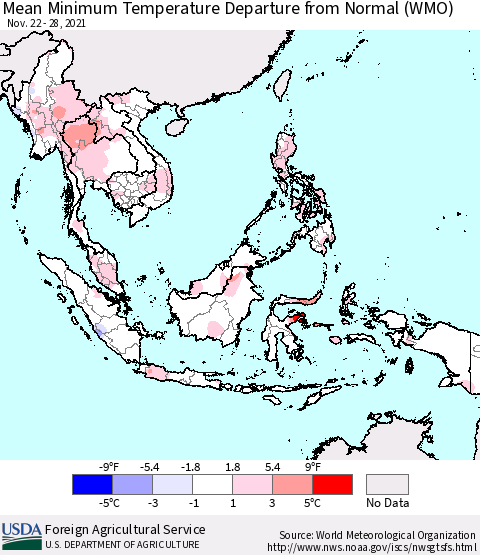 South East Asia Mean Minimum Temperature Departure from Normal (WMO) Thematic Map For 11/22/2021 - 11/28/2021