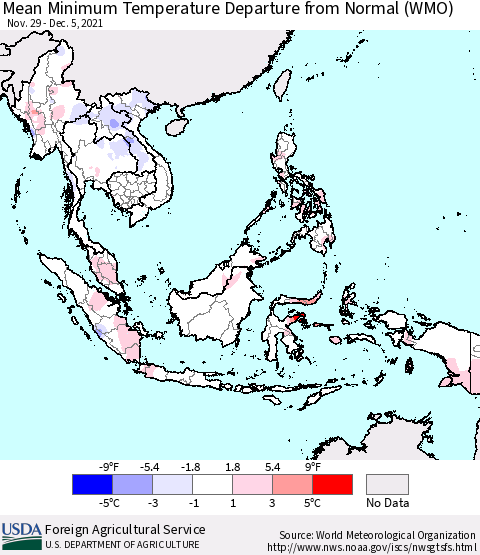 South East Asia Mean Minimum Temperature Departure from Normal (WMO) Thematic Map For 11/29/2021 - 12/5/2021