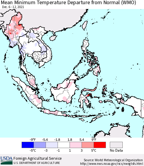 South East Asia Mean Minimum Temperature Departure from Normal (WMO) Thematic Map For 12/6/2021 - 12/12/2021