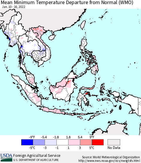 South East Asia Mean Minimum Temperature Departure from Normal (WMO) Thematic Map For 1/10/2022 - 1/16/2022