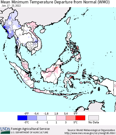 South East Asia Mean Minimum Temperature Departure from Normal (WMO) Thematic Map For 1/17/2022 - 1/23/2022