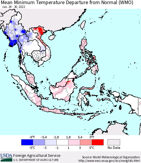 South East Asia Mean Minimum Temperature Departure from Normal (WMO) Thematic Map For 1/24/2022 - 1/30/2022