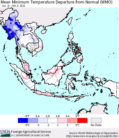 South East Asia Mean Minimum Temperature Departure from Normal (WMO) Thematic Map For 1/31/2022 - 2/6/2022